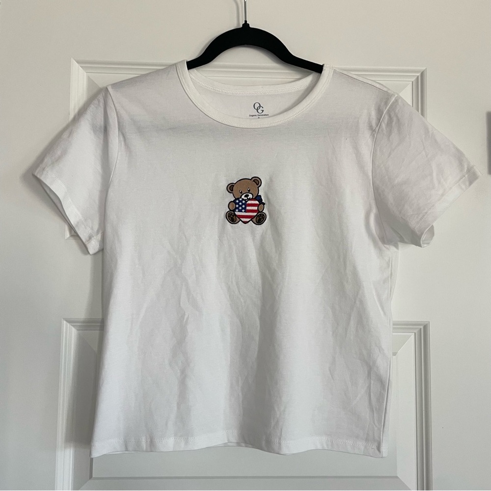 Organic Generation Baby Tee with American Flag Bear Embroidered